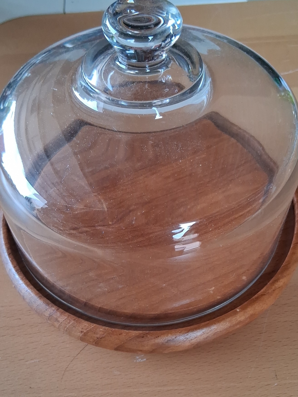Vintage Glass Dome with Brown Wood Serving Base